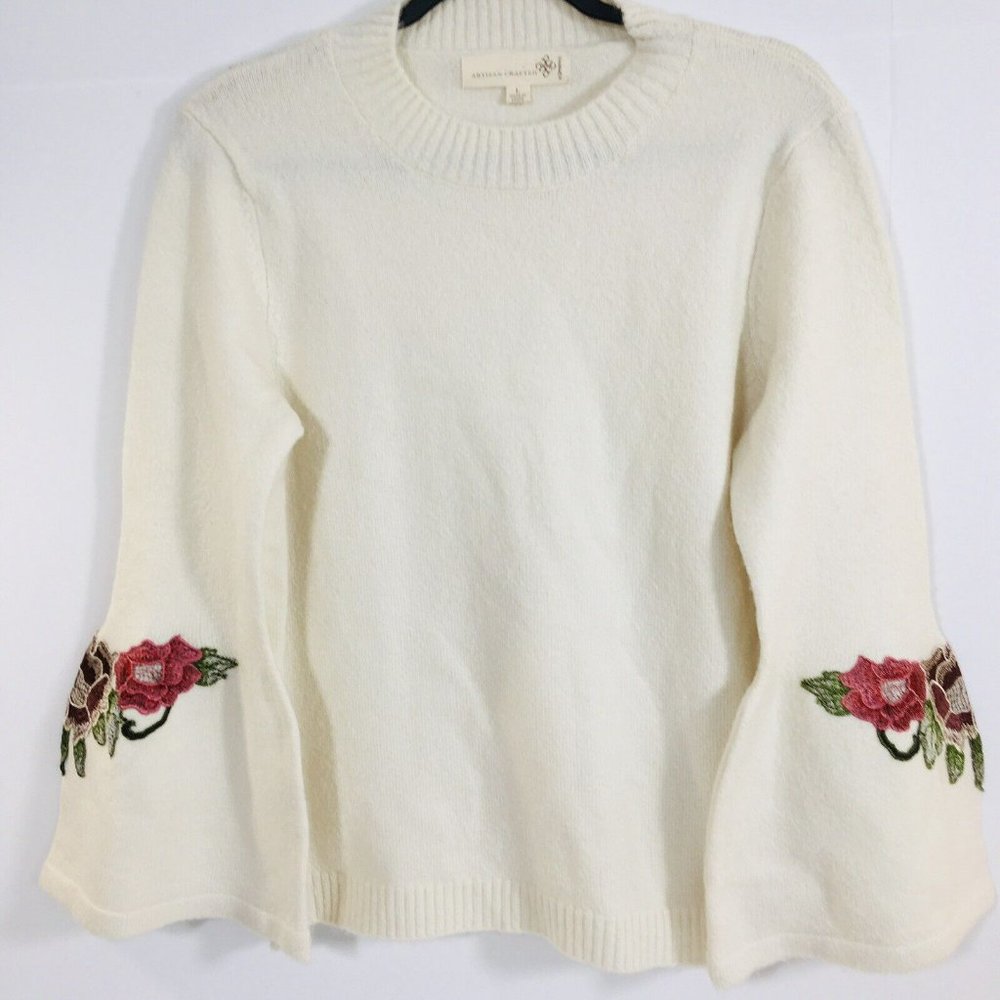 Democracy -Artisan Crafted Sz L Sweater Top Floral Embroidered Bell Sleeve